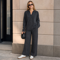 Ensemble élégant en maille pour femme, mélange de laine et cachemire, col polo, manches longues, col en V, pantalon large, tenue de jour et de détente SOFT16
