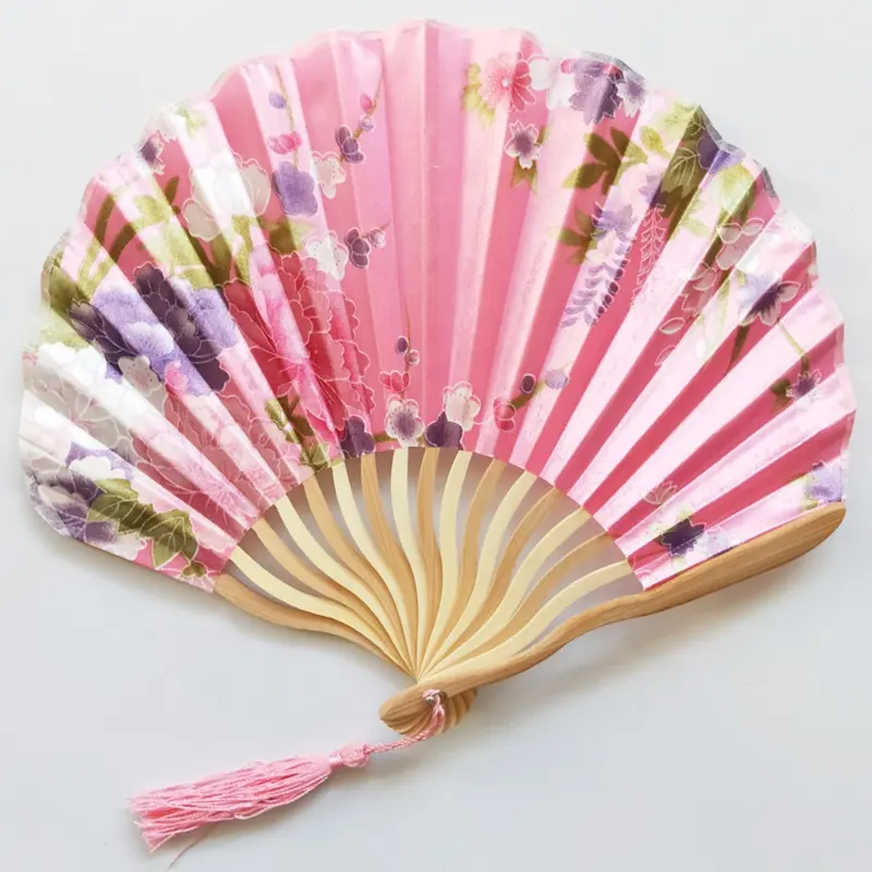 พัดลมมือถือแบบพับได้ลายดอกไม้สไตล์ญี่ปุ่นของผู้หญิง,พัดมือถือทำจากไม้ไผ่ผ้าไหมสำหรับให้เป็นของขวัญ