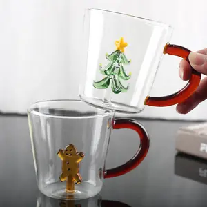 Tivray Transparent Borosilicate Heat Resistant Unique Cute Glass Mug cup With Colored Handle Christmas Tree Gingerbread Man