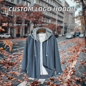 Custom Print Logo 100% Cotton Corduroy Stand Collar Warm Loose Fit Raglan Sleeve <b>Waterproof</b> Pullover Hoodie Fashion Patchwork - Product Image 2