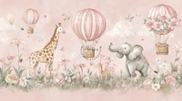 Papier peint mural imperméable rose doux pour chambre d'enfant, thème parc animalier, nuage, montgolfière, girafe, éléphant