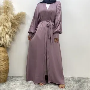 Wholesale Ramadan Eid Fashion Islamic Clothing Muslim Dress Puff Sleeve Open Cardigan Elegant Kimono Silky Crepe Satin Abaya