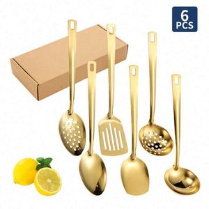 6-Piece Stainless Steel Kitchenware Set Gold-plated Round Soup Spoon Long Handle Service Ladle for Buffet Restaurant - Product Image 3