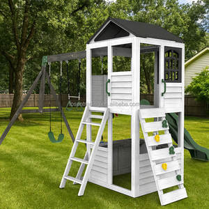 Structure de jeu extérieure pour enfants, colorée, en bois, avec balançoire et toboggan, idéale pour les garderies, pour des moments de plaisir printaniers dans le jardin. - Product Image 1