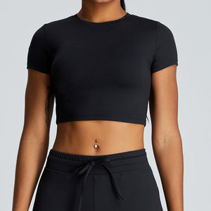 Haute qualité respirant doux couleur unie vêtements <span class=keywords><strong>de</strong></span> sport haut court pour les femmes Gym Yoga Tennis Football basket-ball T-shirt vêtements <span class=keywords><strong>de</strong></span> sport - Product Image 2