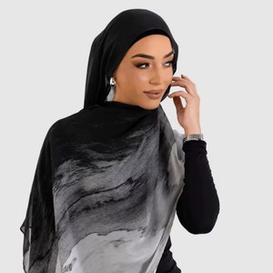 Pañuelo largo de satén de poliéster y algodón con estampado tie-dye en blanco y negro, hiyab modal con encaje, ¡gran oferta! - Product Image 1