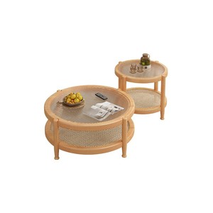 Rushan Furniture Solid Wood Rattan Glass <b>Coffee</b> <b>Table</b> Round Living Room <b>Small</b> Apartment Tea <b>Table</b> With Storage Walnut Color - Product Image 5