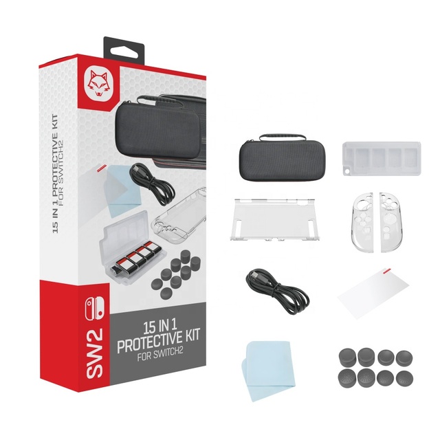 Switch2 NS2 Compatible 15-in-1 Kit with Game Card Protective Case TPU Joystick Protector Crystal Shell Carrying Bag