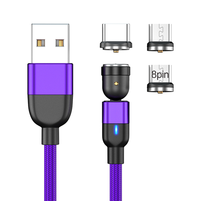 Hot Selling 540° Rotating Magnetic Phone Charger Cable with LED Light Nylon Braided Cord