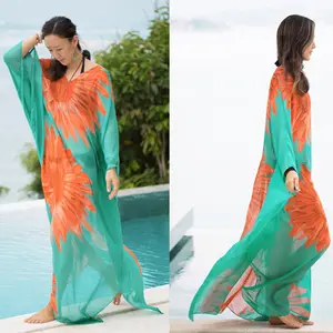 Mooie Snel Droog Chiffon Zon Bloemenprint Vrouwen Beach Wear Maxi Jurk Beach Cover Up