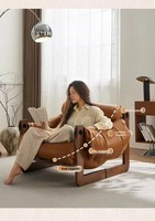 Fauteuil inclinable vintage en cuir huilé et éponge, style rétro en bois massif, fauteuil d'appoint de luxe pour hôtel et villa