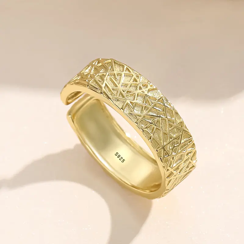 NUEVO diseño 925 anillo ajustable de plata para mujer chapado en oro plata esterlina línea irregular anillo pesado geométrico joyería