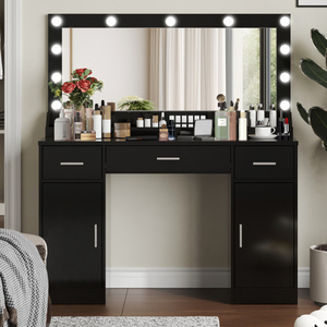 Modern 47.2" Vanity <b>Desk</b> <b>Large</b> Lighted Mirror 3 Color Lighting Modes Adjustable Brightness Dresser 3 Drawers 2 Vertical Bedroom - Product Image 1