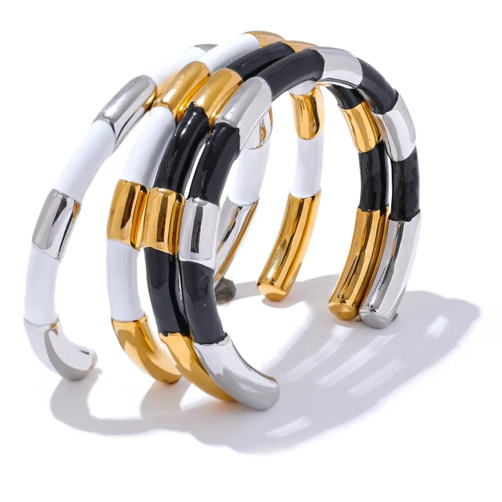 JINYOU 3175 Black White Enamel Metal Stainless Steel Cuff Open Hand Bangles Bracelet for Women Texture Trendy Wrist Jewelry 2024