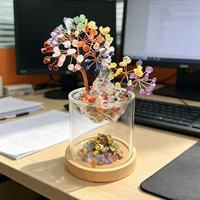 Arbre à monnaie en cristal de chakra, fil de cuivre enroulé à la main, bonsaï en pierres précieuses mélangées avec couvercle en verre double couche, base en bois de bambou
