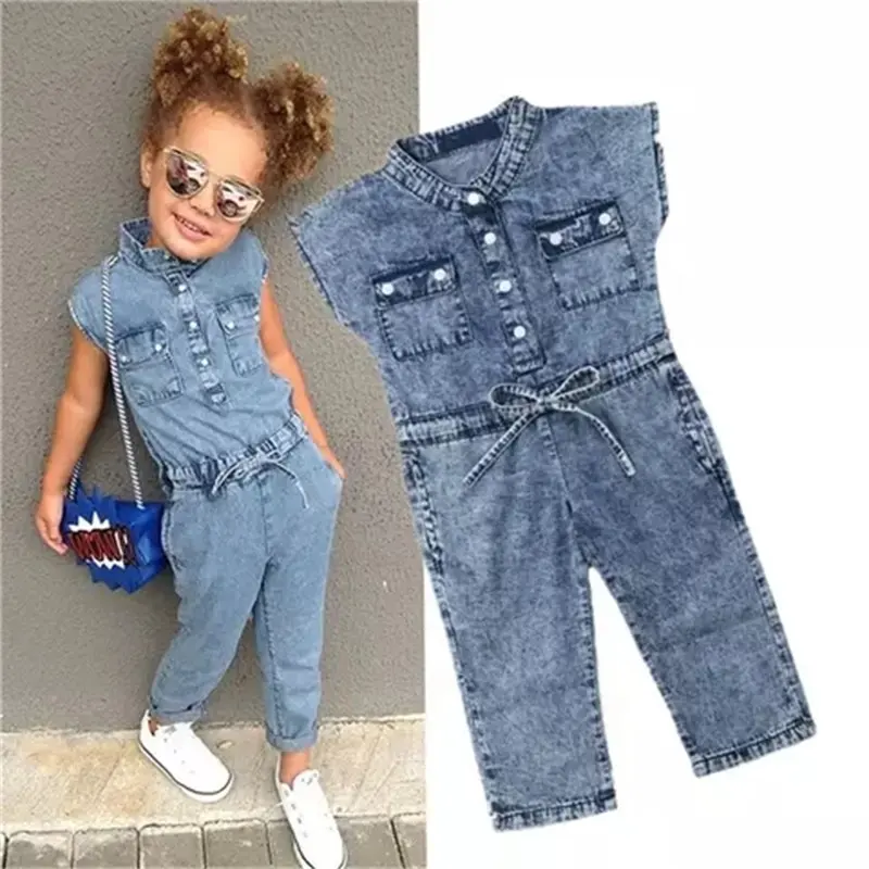 Grosir Jumpsuit Denim Longgar Anak-anak Satu Potong Baju Monyet Jeans Anak Perempuan Kecil Bayi Tanpa Lengan