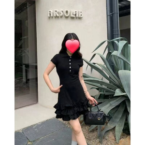 Black Polo Collar Short Sleeve Dress Women Summer 2025 Preppy Slim Fit Cake Skirt Solid Color Daily Wear - Product Image 3