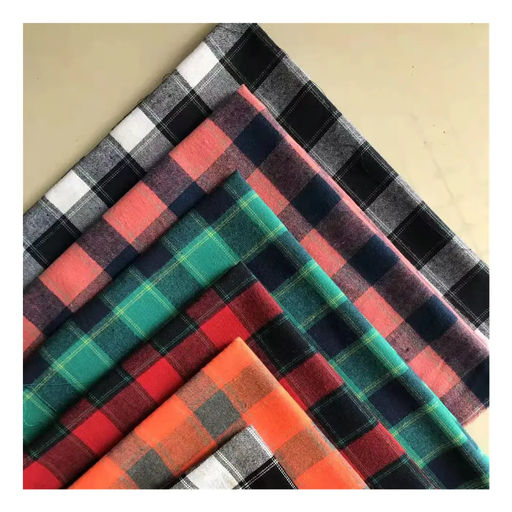 40S Tenun Campur 100% Katun Benang Tartan Kotak-kotak Celup Brushed Flanel Bergaris Kain Shirting Stok