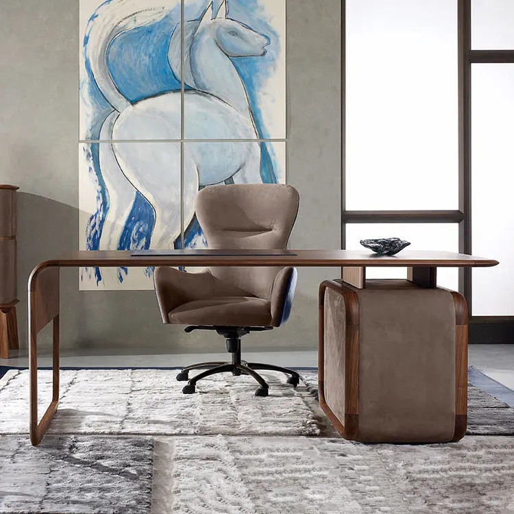 Italian Luxury Home Office Furniture Study Table Fine Workmanship Walnut Wooden Office Desks Leather Executive Writing Desks