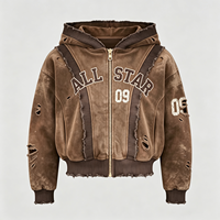 Dirty Spray Streetwear ALL STAR Sweat à capuche zippé marron délavé vintage avec bordure côtelée en coton épais pour homme