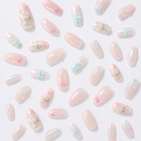 Faux ongles à presser réutilisables, forme cercueil, motif chiot mignon, bleu clair, nœud écossais et perle, style Kawaii et doux