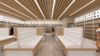 Équipement de supermarché complet : rayonnages gondole double face robustes en bois et métal, sur mesure