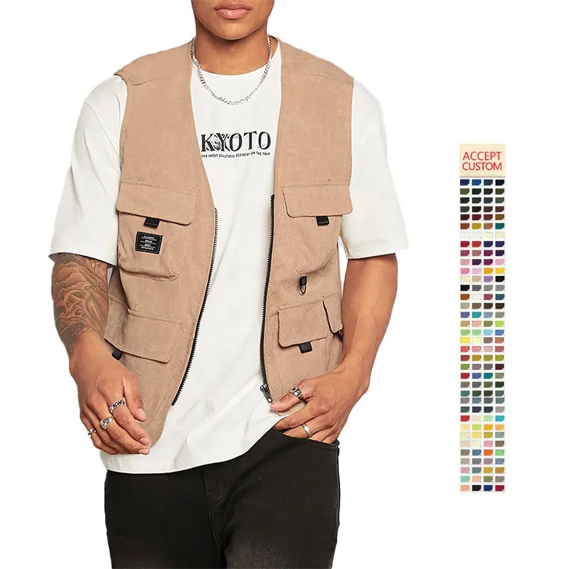 Custom Utility Style Men's Casual Outdoor Fly Fishing Work Multi Flap Patched Pocket Lightweight Travel zippers Vest Jacket