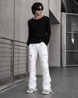DiZNEW Jeans blancs multi-bretelles empilés pour hommes, pantalon cargo en denim à œillets et lacets, style gothique streetwear, usine certifiée BSCI, OEM