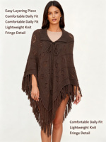 Poncho en tricot ajouré à franges avec col à revers pour femme, châle cape triangulaire doux et respirant