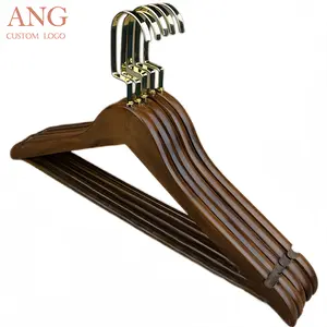 Wooden Hanger With Glod Hook With Pant Bar Walnut Finished With Logo |Wide 17.7"