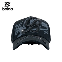 Gorra de béisbol al por mayor de 5 paneles, poliéster/algodón, con bordado 3D de letra B con pedrería, efecto desgastado y estampado de grafiti