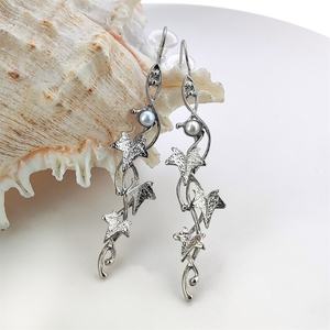 Prix de gros Argent Feuilles Crochet Boucles d'Oreilles Style Bohème Perle d'Eau Douce Incrustation Long Bijoux pour Femmes et Filles - Product Image 3