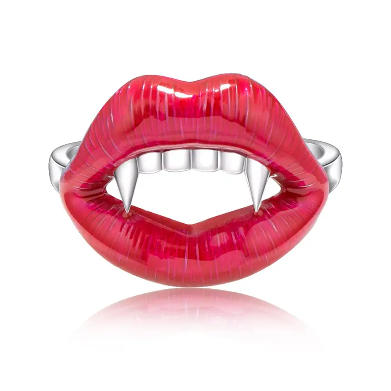 Exaggerated 925 Sterling silver red sexy female vampire lips ring for halloween gift