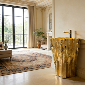 Lavabo su Colonna Artistico di Alta Gamma con Texture Tronco d'Albero Dorato, Costruzione in Fibra di Vetro per Bagni di Lusso - Product Image 1