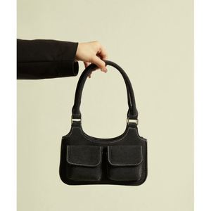 <b>Customized</b> Women Black Cotton Canvas Shoulder Bag Large Capacity Solid Multi Pockets Underarm Tote Bag Reusable Shopping Bag - Product Image 4