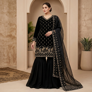 Ensemble Salwar Kurta Sharara en soie brodée Shivam Hub, longueur ras du sol, avec Dupatta et sequins, tenue ethnique pour femme, idéal pour les fêtes, mariages, Diwali, usage quotidien - Product Image 1