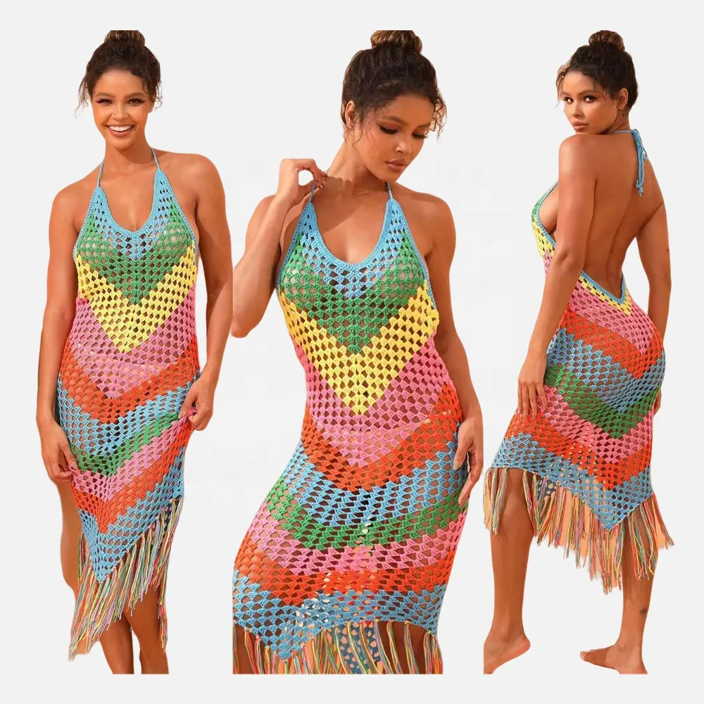 2024 fatto a mano all'uncinetto Fish Net con nappa arcobaleno copri abito da spiaggia Sexy da donna Bikini costume da bagno copri costumi da bagno