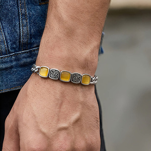 Vintage Women's Stainless Steel Amber <b>Bangle</b> Geometric Pattern Bezel Setting Cuban style <b>Bracelet</b> Antique <b>Silver</b> Plated - Product Image 4