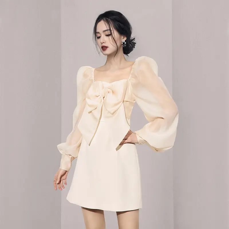 arrivals 2022 spring new square neck chiffon dress bow long-sleeved short prom fashionable temperament French a-line prom