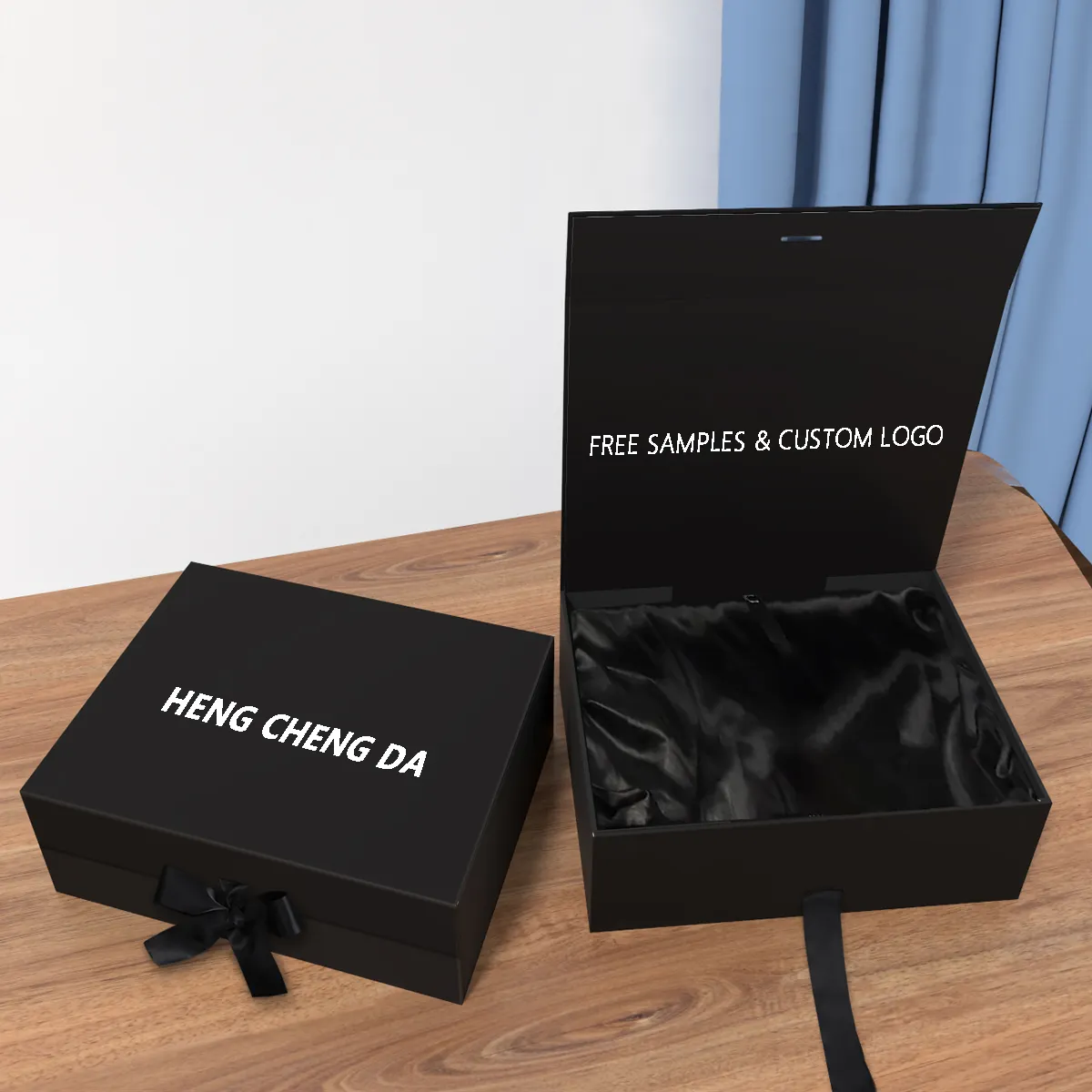 कस्टम A4 चुंबकीय क्लोजर बॉक्स फीता विग बाल विस्तार उपहार पैकेज के साथ साटन अस्तर के साथ कठोर काले बड़ी बॉक्स पैकेजिंग रिबन