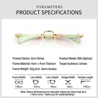 Gafas de Hombre Sin Montura de Lujo de Alta Gama 605, de Cuerno de Búfalo y Titanio Puro, Montura Óptica Blanca con Forma Cuadrada, Estilo Clásico de Color