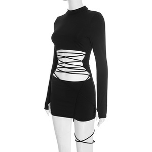 Váy liền thân ngắn tay dài, chất liệu thun co giãn, màu trơn, kiểu dáng ôm sát, có dây buộc, phối ren, kiểu dáng mùa xuân mới. - Product Image 5