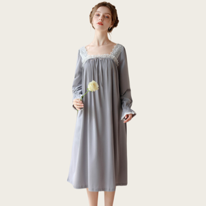 Women's Viscose Bamboo Nightgown Long Sleeve Square Collar Loungewear <b>Knitted</b> Elastic Waist Soft Sleepwear Spring Knee Pajama - Product Image 2