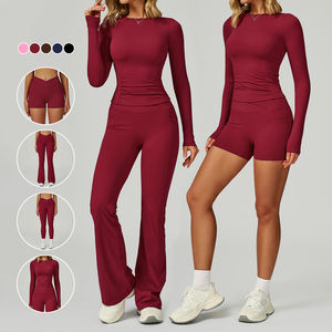 Özel Logo bayan koşu çıplak dar spor setleri uzun kollu ince elastik Yoga üst tayt 4 parça spor spor setleri - Product Image 1