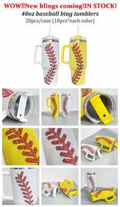 Bouteille isotherme double paroi en acier inoxydable 40oz avec poignée et paille, motif baseball et strass, pour bière et eau - Product Image 2