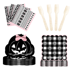 DAMAI Nouvel ensemble de vaisselle en papier personnalisé pour Halloween, décorations sur le thème de la citrouille, assiettes, gobelets et serviettes en papier pour Halloween - Product Image 4