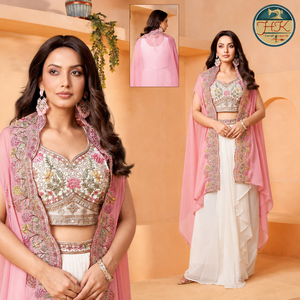 Elegant Pink and White Indo Western Dress with Embroidered Crop Top Layered Cape <b>Jacket</b> and Ruffled Palazzo Skirt Set for <b>Women</b> - Product Image 2