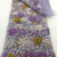 Tissu en dentelle brodée T-win Textil avec fleurs 3D, broderie en cordon, perles et sequins, tissu en dentelle guipure brodée
