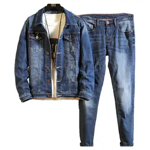 Mingwei Chất Lượng Cao Hai Mảnh Màu Xanh Jean Denim Áo Khoác Và Quần Set 3XL Giản Dị Jean Phù Hợp Với Cho Nam Giới