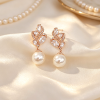 Nouvelle Arrivée 2026 – Boucles d'Oreilles Pendante de Luxe en Laiton et Perles pour Femme, Ornées de Zircons Cubiques Rose, Idéales pour Mariage, Fête et Cérémonie Nuptiale